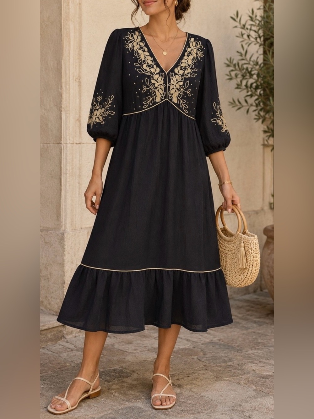 Anthropologie Figueroa & Flower Black Embroidered Midi Dress